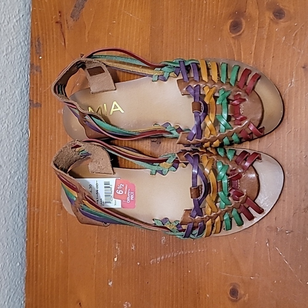MIA Cajun Sandals Women 6.5 Brown Multi Color Leather Woven Huarache Slingback